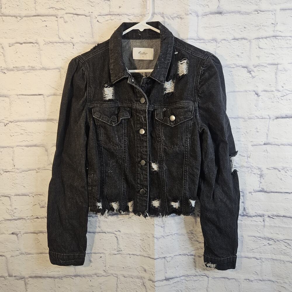 KANCAN Crop Distressed Black Denim Jacket Women's Size S Frayed Raw Hem